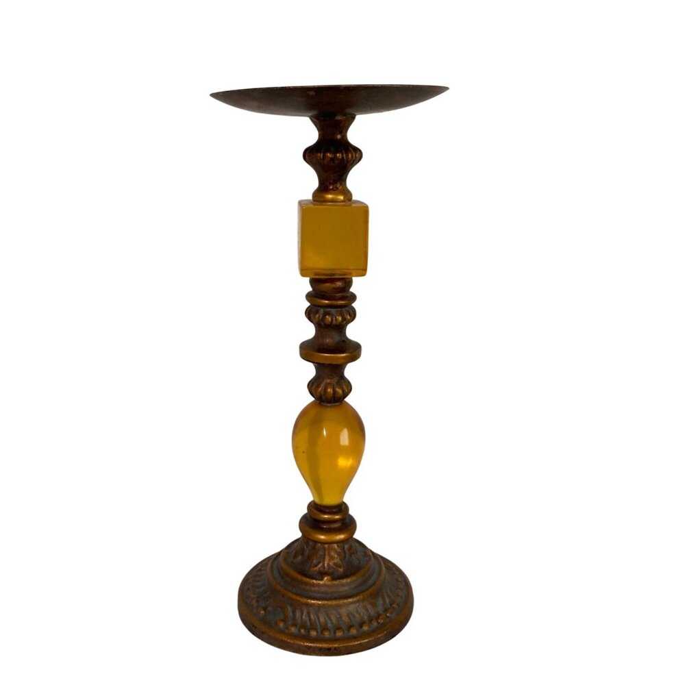 Vintage Amber Lucite Acrylic And Metal Candlestick Holder